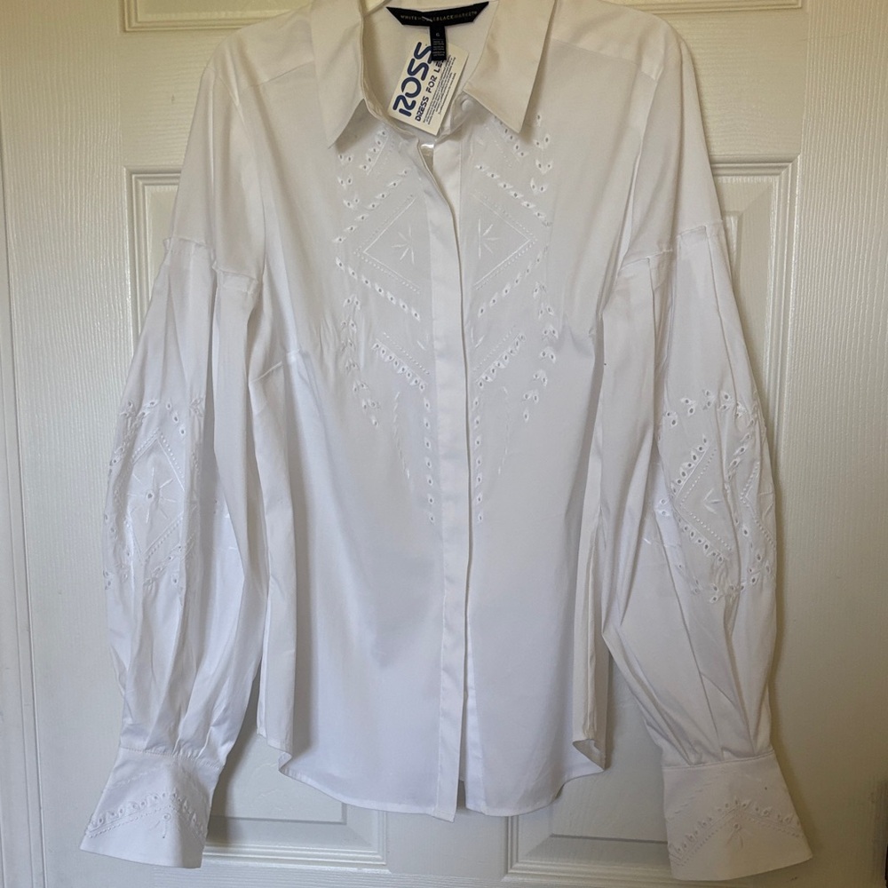White House Black Market White Embroidered Button-Down Blouse